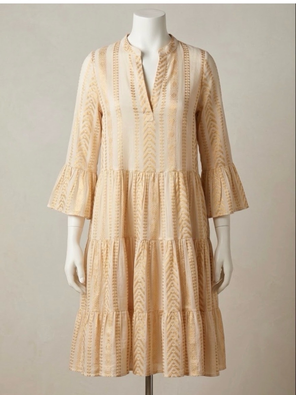 Paani Tiered White & Gold Cotton Swing Dress BNWT
